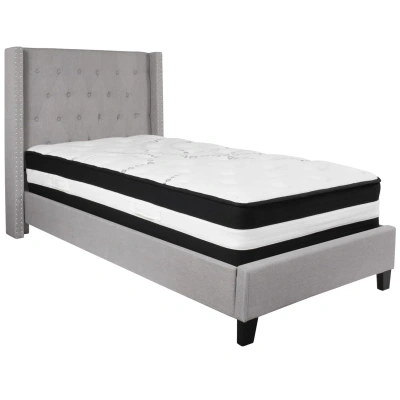 Flash Furniture Riverdale Twin Size Tufted Upholstered Fabric Platform Bed With Pocket Spring Mattress In Light Gray