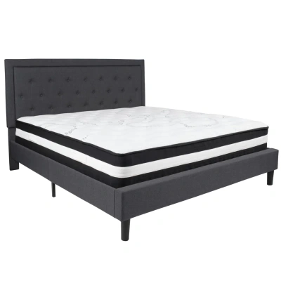 Flash Furniture Roxbury King Size Tufted Upholstered Platform Bed In Dark Gray Fabric With Pocket Spring Mattress