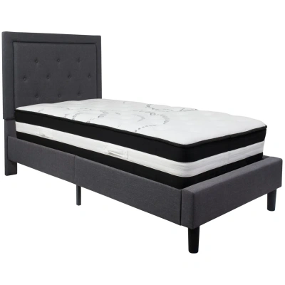 Flash Furniture Roxbury Twin Size Tufted Upholstered Platform Bed In Dark Gray Fabric With Pocket Spring Mattress