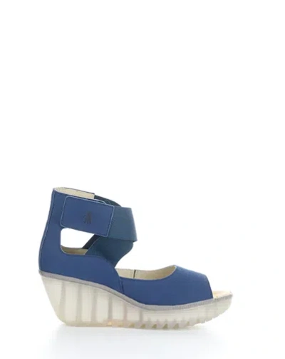 Pre-owned Fly London Women's Yefi473fly Blue Wedge Sandal In Blue (leather)