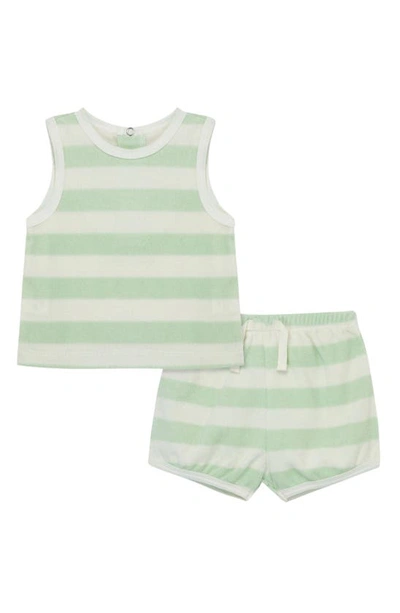 Focus Babies'  Stripe Organic Cotton Blend French Terry Tank & Shorts Set In Green