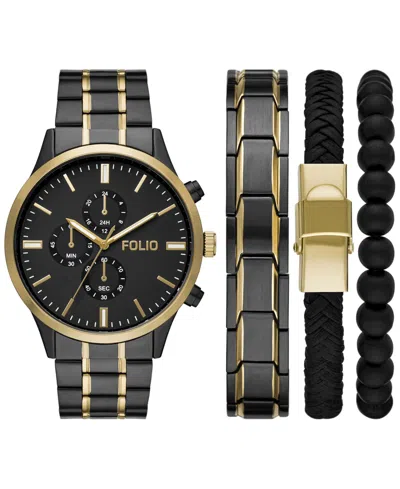 Folio Men's Three Hand Gunmetal Alloy Watch 46mm Gift Set In Black
