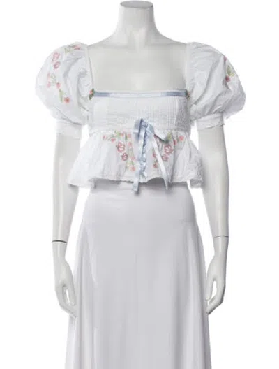 Pre-owned For Love & Lemons Floral Print Square Neckline Blouse In White