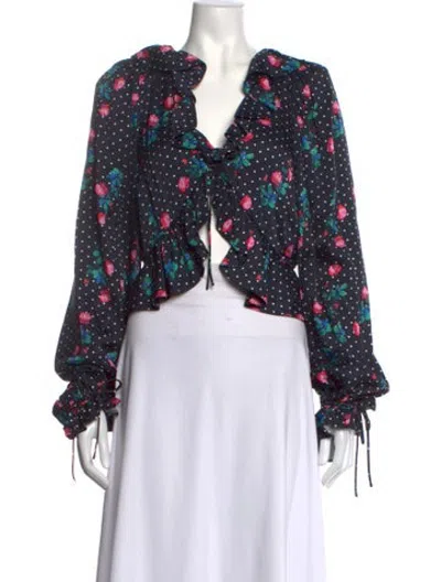 Pre-owned For Love & Lemons Floral Print V-neck Blouse In Blue