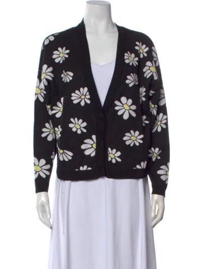 Pre-owned For Love & Lemons Floral Print V-neck Sweater In Black