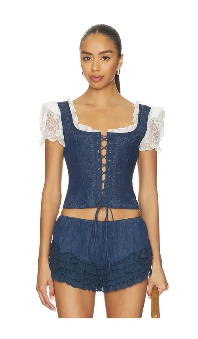 For Love & Lemons Yasmin Lace Up Top In Blue