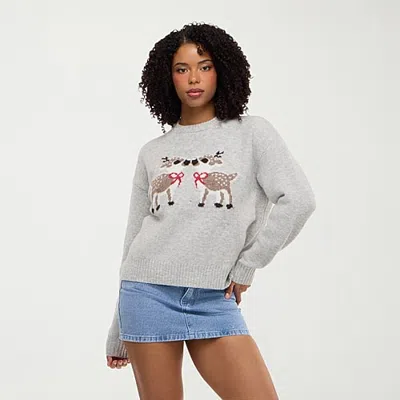 Forever 21 Na Womens Round Neck Long Sleeve Holiday Pullover Sweater In Gray