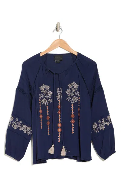 Forgotten Grace Embroidered Keyhole Long Sleeve Tunic Top In Navy