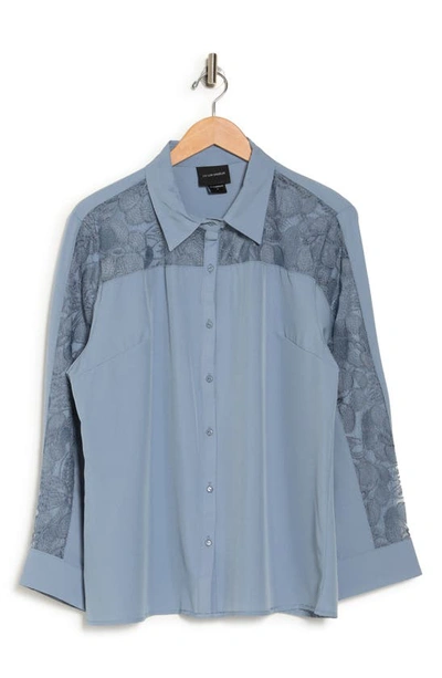 Forgotten Grace Lace Trim Long Sleeve Button-up Shirt In Blue