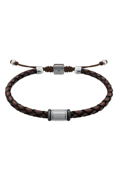Fossil Machine Leather Bracelet In Brown/silver