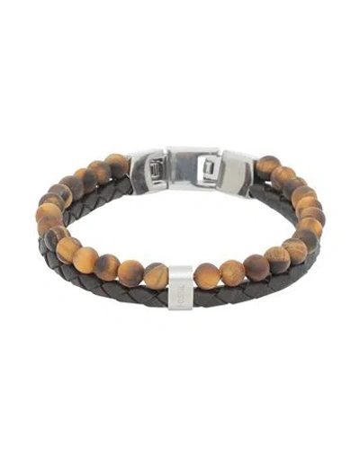 Fossil Man Bracelet Brick Red Size - Soft Leather, Stainless Steel In Brown