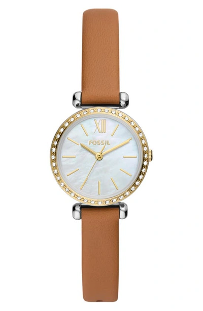 Fossil Tillie Mini Three Hand Quartz Cz Bezel Bracelet Watch, 26mm In Gold/ Leather