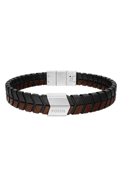 Fossil Woven Leather Bracelet In Silver