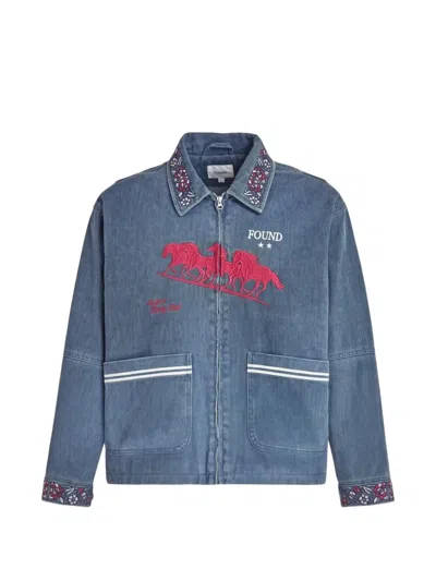 Found Jockey Club Embroidered Denim Jacket In Blue