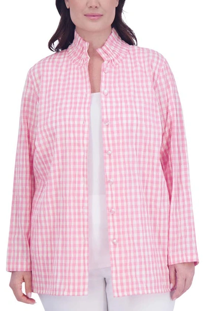 Foxcroft Carolina Gingham Crinkled Cotton Blend Button-up Shirt In Softshell Pink