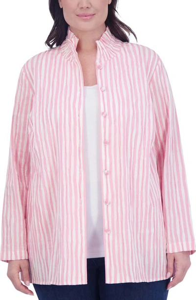 Foxcroft Carolina Stripe Crinkled Cotton Blend Button-up Shirt In Softshell Pink