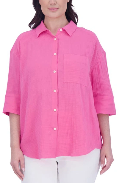 Foxcroft Joanna Cotton Gauze Button-up Shirt In Dahlia