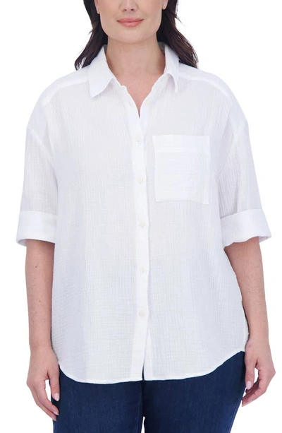 Foxcroft Joanna Cotton Gauze Button-up Shirt In White
