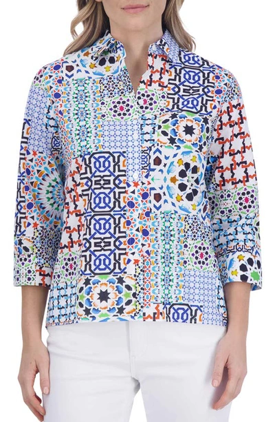 Foxcroft Kelly Print Button-up Shirt In Blue Multi