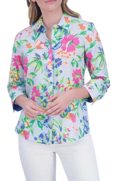 Foxcroft Luna Floral Button-up Shirt In Blue Multi