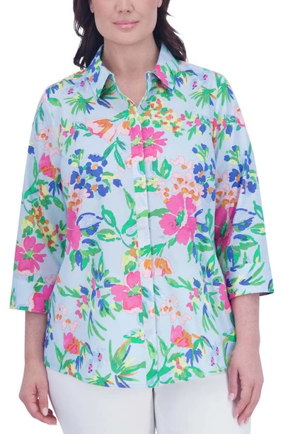 Foxcroft Luna Painterly Floral Button-up Shirt In Blue Multi