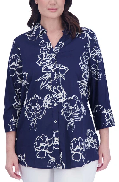 Foxcroft Mary Floral Cotton Sateen Button-up Shirt In Navy