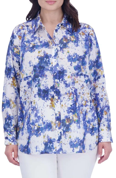 Foxcroft Meghan Abstract Floral Cotton Button-up Shirt In Blue Multi