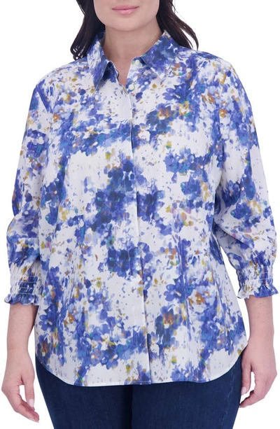 Foxcroft Olivia Abstract Floral Button-up Shirt In Blue Multi