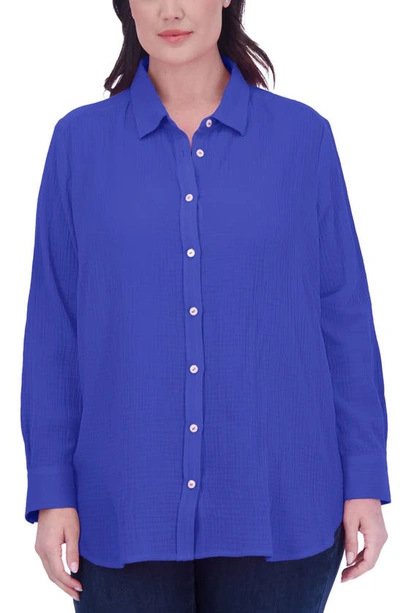 Foxcroft Oversize Gauze Button-up Shirt In Azure