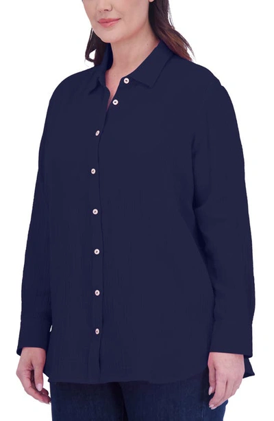 Foxcroft Oversize Gauze Button-up Shirt In Navy