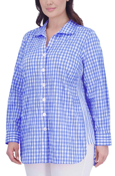 Foxcroft Pandora Gingham Cotton Blend Button-up Shirt In Cornflower