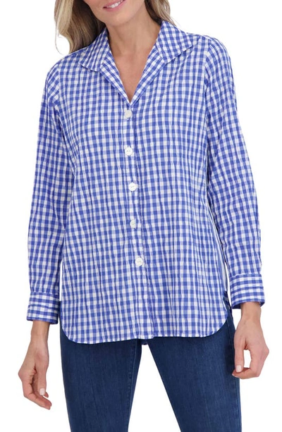 Foxcroft Pandora Gingham Cotton Blend Button-up Top In Cornflower