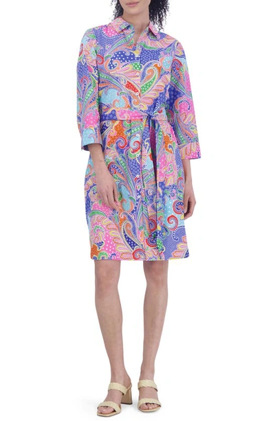 Foxcroft Rocca Paisley Belted Three-quarter Sleeve Cotton Shirtdress In Multi Paisley