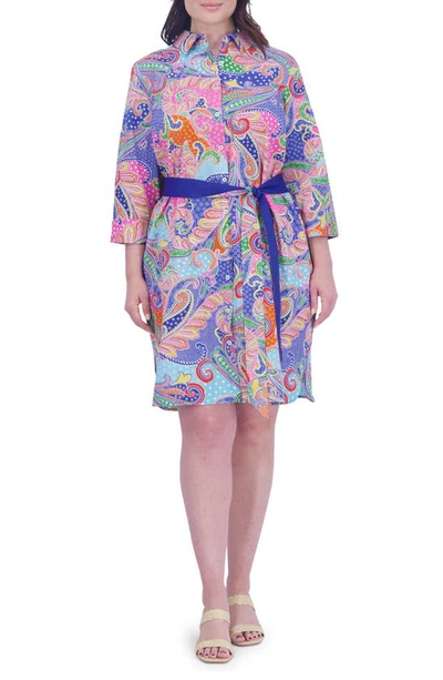 Foxcroft Rocca Paisley Belted Three-quarter Sleeve Cotton Shirtdress In Multi Paisley