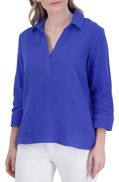 Foxcroft Sophia Cotton Gauze Popover Shirt In Azure