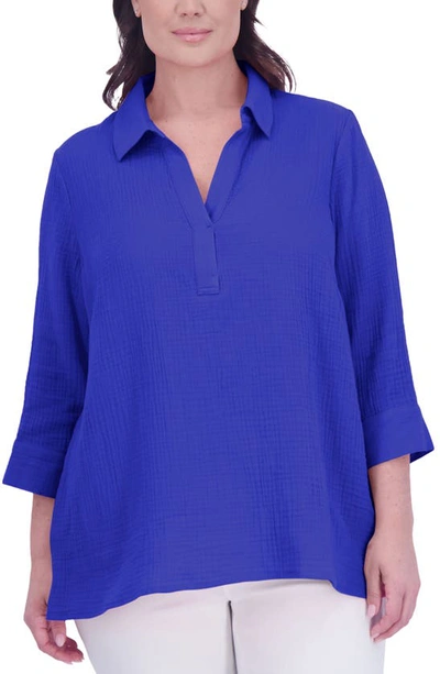 Foxcroft Sophia Cotton Gauze Popover Shirt In Azure