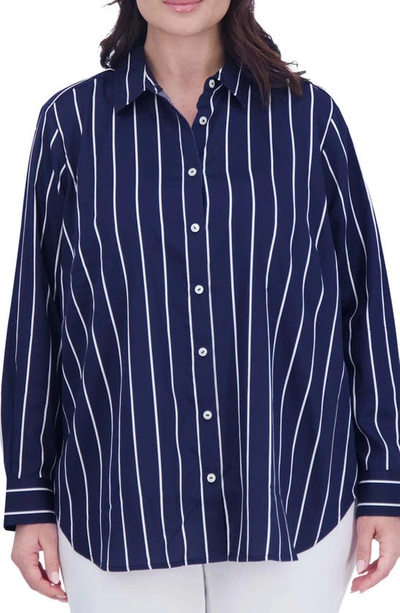 Foxcroft Stripe Button-up Boyfriend Shirt In Navy