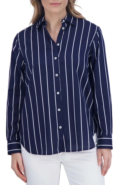 Foxcroft Stripe Tunic Button-up Shirt In Navy
