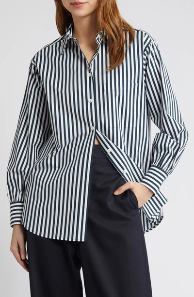 Frame Oversize Stripe Pocket Organic Cotton Shirt In Navy