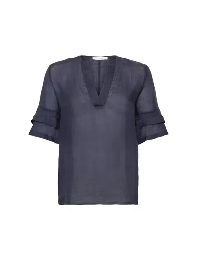 Frame Tiered Ruffle Short Sleeve Blouse In Navy In Blue