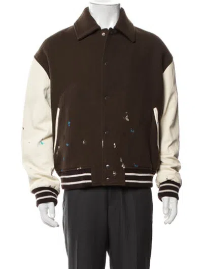 Pre-owned Frame Wool Graphic Print Varsity Jacket In Brown