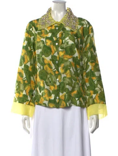 Pre-owned Frances Valentine Silk Floral Print Blouse W/ Tags In Green