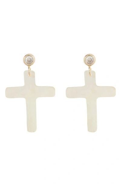 Frasier Sterling Roma Mother Of Pearl & Crystal Cross Drop Earrings In White
