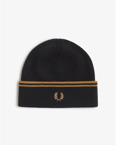 Fred Perry Mens Twin Tipped Merino Wool Beanie In Black/dark Caramel U12