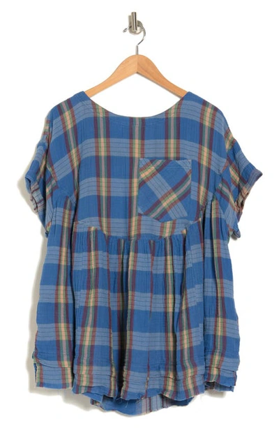 Free People Moon City Plaid Tunic Top In Light Blue