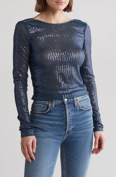 Free People Unapologetic Sequin Long Sleeve Top In Navy