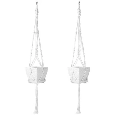 Fresh Fab Finds 2pcs Plant Hanger Flowerpot Net Bag 40" Cotton Rope Plant Hangers 4legs Plant Hanger Fit For Round O In White