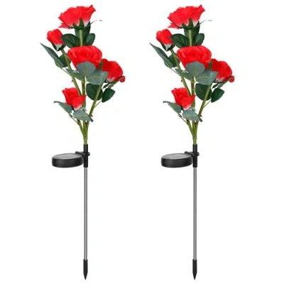 Fresh Fab Finds 2pcs Solar Powered Lights Outdoor Rose Flower Led Decorative Lamp Water Resistant Pathway Stake Ligh In Red