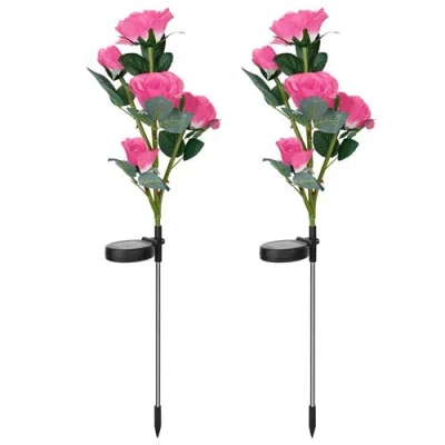 Fresh Fab Finds 2pcs Solar Powered Lights Outdoor Rose Flower Led Decorative Lamp Water Resistant Pathway Stake Ligh In Pink
