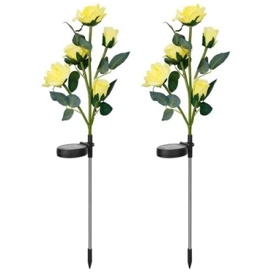 Fresh Fab Finds 2pcs Solar Powered Lights Outdoor Rose Flower Led Decorative Lamp Water Resistant Pathway Stake Ligh In Yellow
